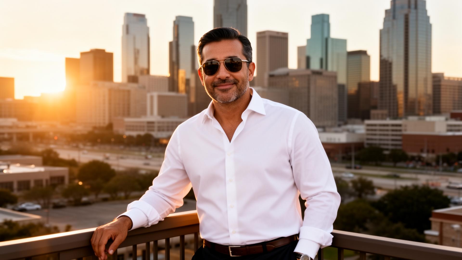 Ramiro Martínez frente al skyline de Houston